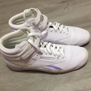 White Holographic Freestyle Hi Reebok’s Size 10